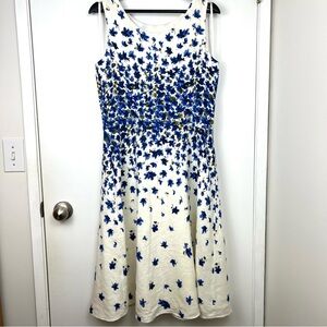 Talbots Vintage Linen Floral Print Midi Dress size 10 Blue Cream Feminine Pretty